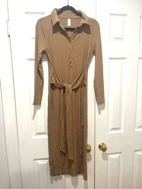 HALARA Camel Long Sleeve Tie-Waist Shirt Dress with tie belt